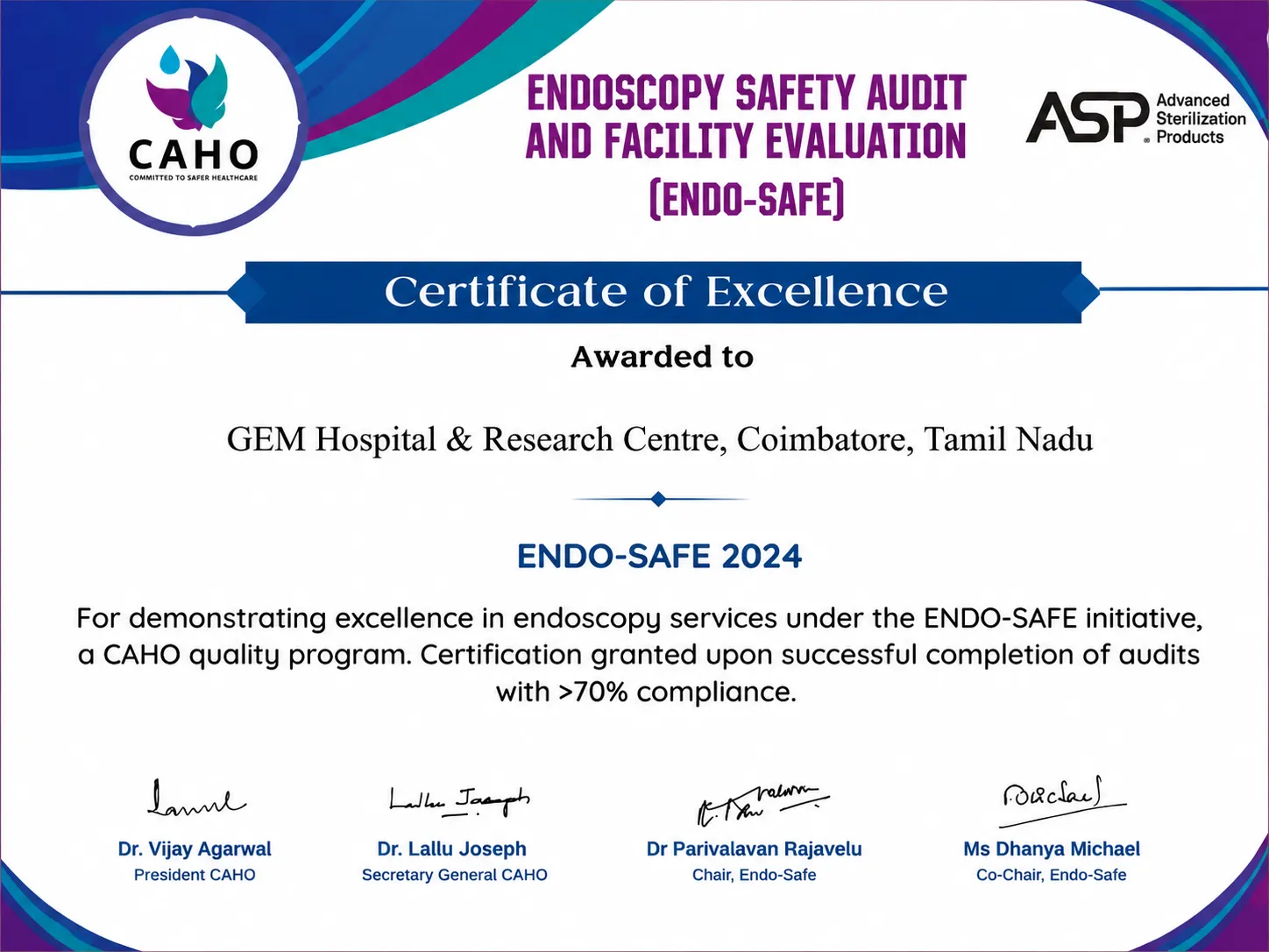 ENDO-SAFE 2024 Certificate of Excellence - GEM Hospital